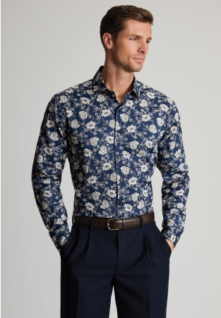 Regular Fit Navy Floral Print Cotton Shirt