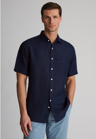 Regular Fit Navy Pure Linen Short Sleeve Shirt