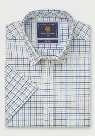 Regular Fit Lemon Tattersall Check Oxford Cotton Short Sleeve Shirt