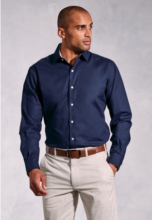 Tailored Fit Navy Herringbone Stretch Cotton Shirt