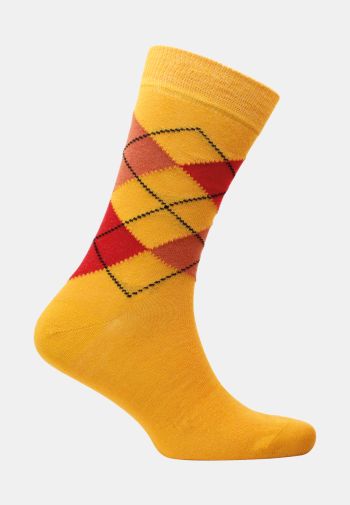 Croyde Gold with Red, Burnt Orange and Black Argyle Pattern Socks