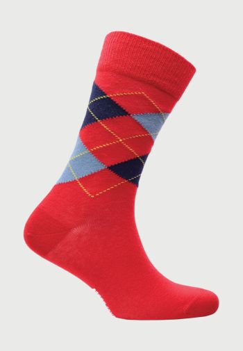 Croyde Red with Navy, Sky Blue, and Yellow Argyle Pattern Socks