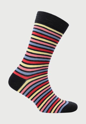 Barnstaple Black with Yellow, Pink, Sky Blue and Red Stripe Socks