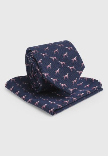 Navy with Pink Small Dog Motif Tie and Hanky Set