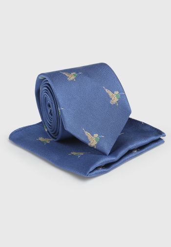 Blue with Flying Duck Motif Tie and Hanky Set