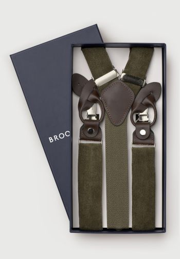 Khaki Corduroy Suspenders with Leather Trims