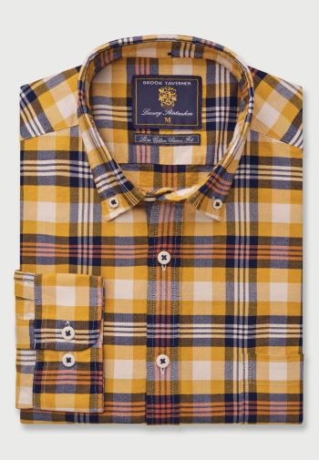 Gold, Navy and Ginger Check Washed Cotton Oxford Shirt
