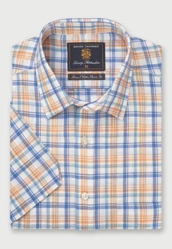 Regular Fit Blue and Apricot Plaid Check Short Sleeve Linen Cotton Shirt