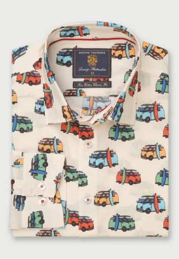 Regular Fit Cream with Multicolored Van and Surfboard Print Cotton Shirt
