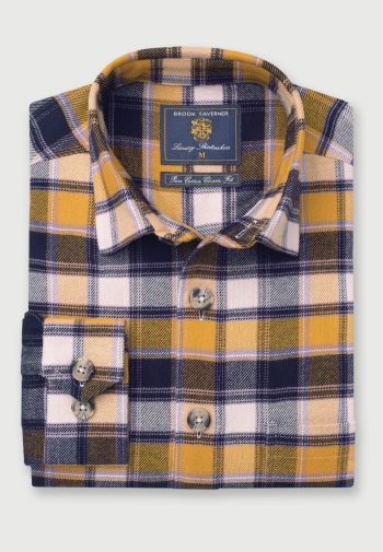 Mustard with Navy and Cream Check Brushed Cotton Overshirt