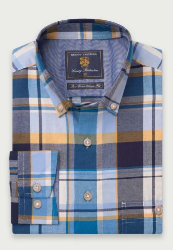 Navy, Light Blue, Yellow and White Check Cotton Twill Short, Regular and Long Sleeve Shirt
