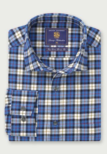Blue, Navy and White Check Brushed Cotton Shirt, Regular and Long Sleeve Shirt