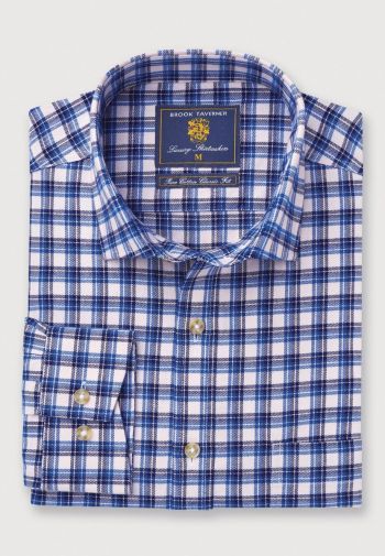 White with Blue and Navy Check Brushed Cotton Shirt, Regular and Long Sleeve Shirt