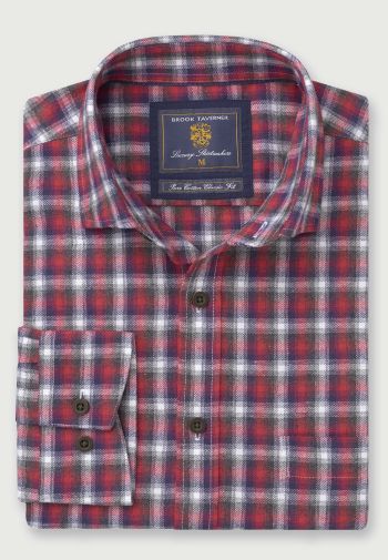 Red with Navy and White Check Melange Cotton Short, Regular and Long Sleeve Shirt