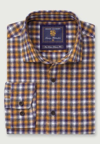 Mustard with Navy and White Check Melange Cotton Short, Regular and Long Sleeve Shirt