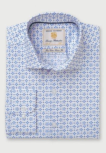 White, Sky Blue and Navy Geometric Print Cotton Poplin Shirt