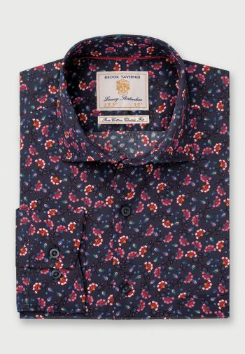 Navy with Multicolored Floral Abstract Print Shirt