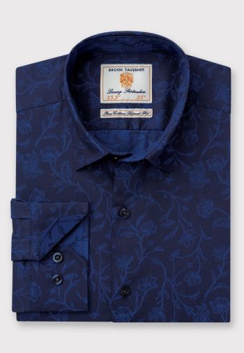 Tailored Fit Navy with Blue Foliage Jacquard Cotton Shirt