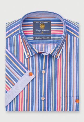 Regular Fit Navy Multicolor Stripe Cotton Short Sleeve Shirt