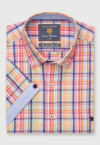 Regular Fit Multicolor Check Cotton Short Sleeve Shirt