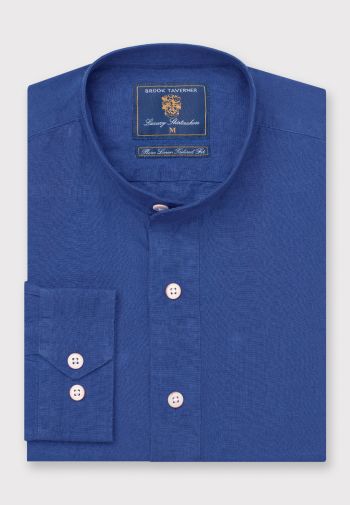 Tailored Fit Cobalt Linen Grandad Collar Popover Shirt