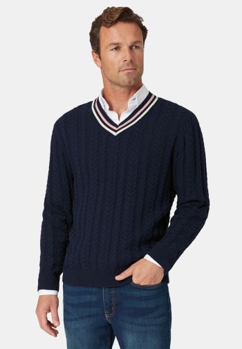 Benjamin Navy Cotton V-Neck Cricket Style Sweater