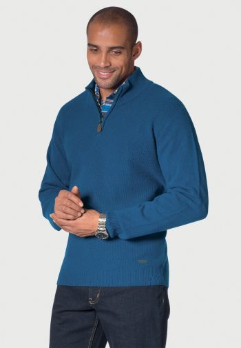 Caldew Mid Blue Lambswool Zip Neck Rice Knit Sweater