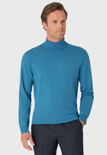 Cornwall Sea Blue Cotton Merino Roll Neck Sweater