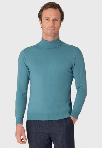 Cornwall Aqua Cotton Merino Roll Neck Sweater