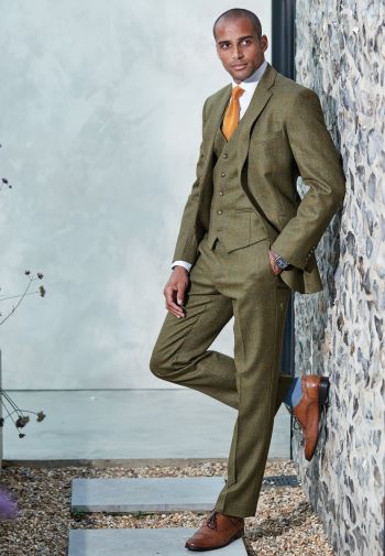 Regular Fit Dalton Olive Check Wool Suit - Vest Optional