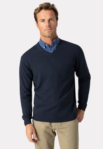 Dorset Navy Cotton Merino V-Neck Sweater