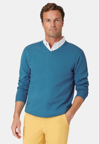 Dorset Sea Blue Cotton Merino V-Neck Sweater