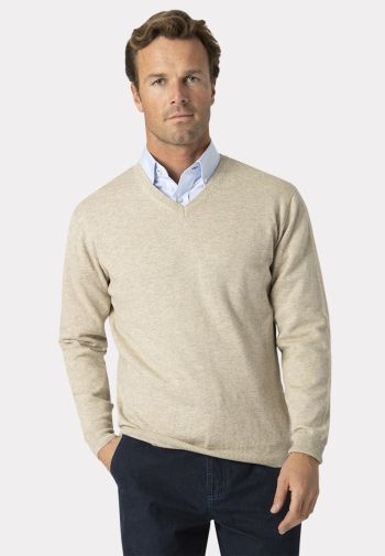 Dorset Stone Cotton Merino V-Neck Sweater