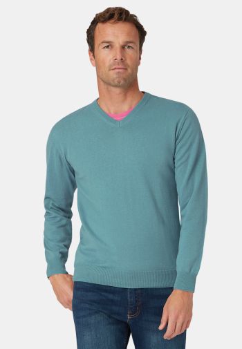 Dorset Aqua Cotton Merino V-Neck Sweater