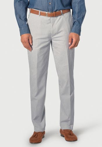 Tailored Fit Drewett Blue Stripe Cotton Stretch Seersucker Suit Pants