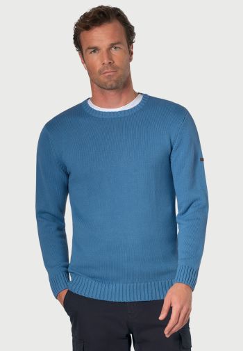 Earby Sea Blue Cotton Crew Neck Sweater
