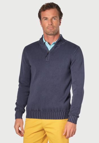 Edmonds Navy Washed Cotton Zip Neck Sweater