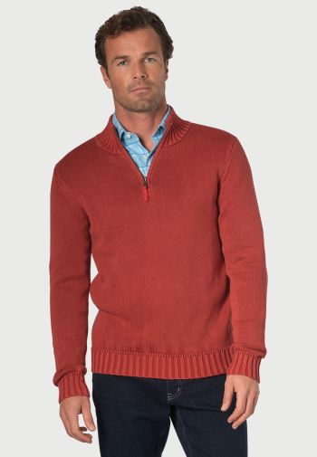 Edmonds Red Washed Cotton Zip Neck Sweater