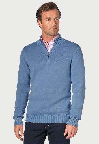 Edmonds Blue Washed Cotton Zip Neck Sweater
