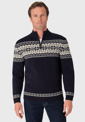 Howard Navy Fairisle Zip Neck Sweater