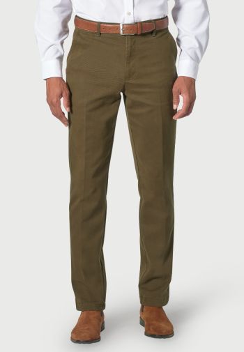 Regular and Tailored Fit Seychelles  Olive Cotton Blend Twill Pants