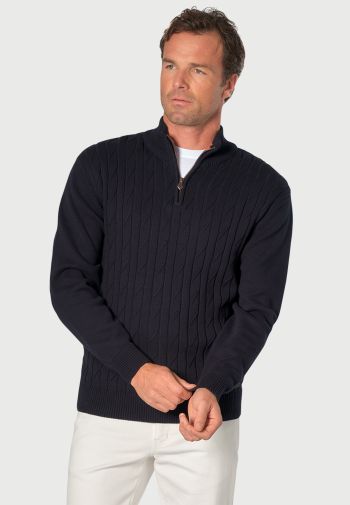 Sharpe Navy Cotton Cable Knit Zip Neck  Sweater