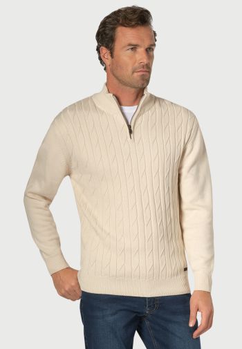 Sharpe Ecru Cotton Cable Knit Zip Neck  Sweater