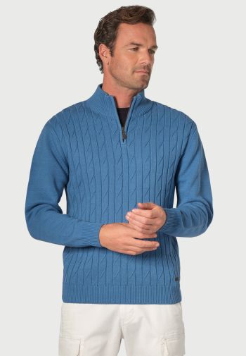 Sharpe Sea Blue Cotton Cable Knit Zip Neck  Sweater