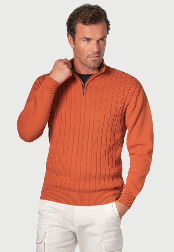 Sharpe Apricot Cotton Cable Knit Zip Neck  Sweater