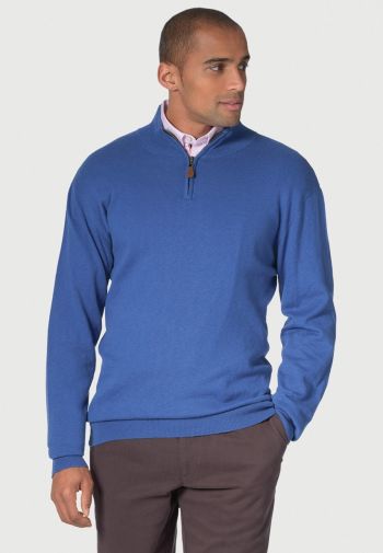 Sussex Electric Blue Cotton Merino Zip Neck Sweater