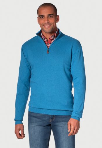 Sussex Sea Blue Cotton Merino Zip Neck Sweater