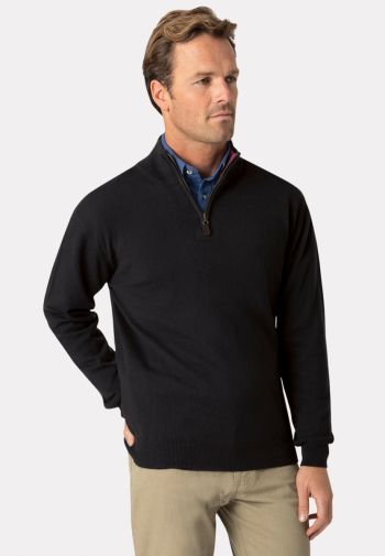 Sussex Black Cotton Merino Zip Neck Sweater