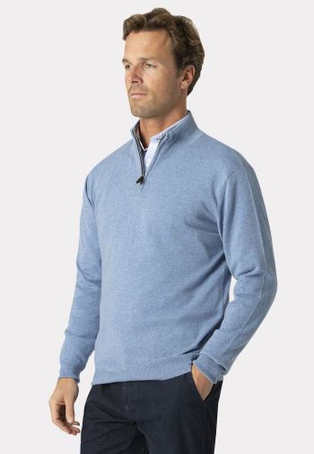 Sussex Sky Blue Cotton Merino Zip Neck Sweater
