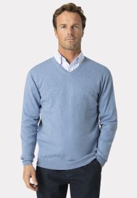 Dorset Sky Blue Cotton Merino V-Neck Sweater
